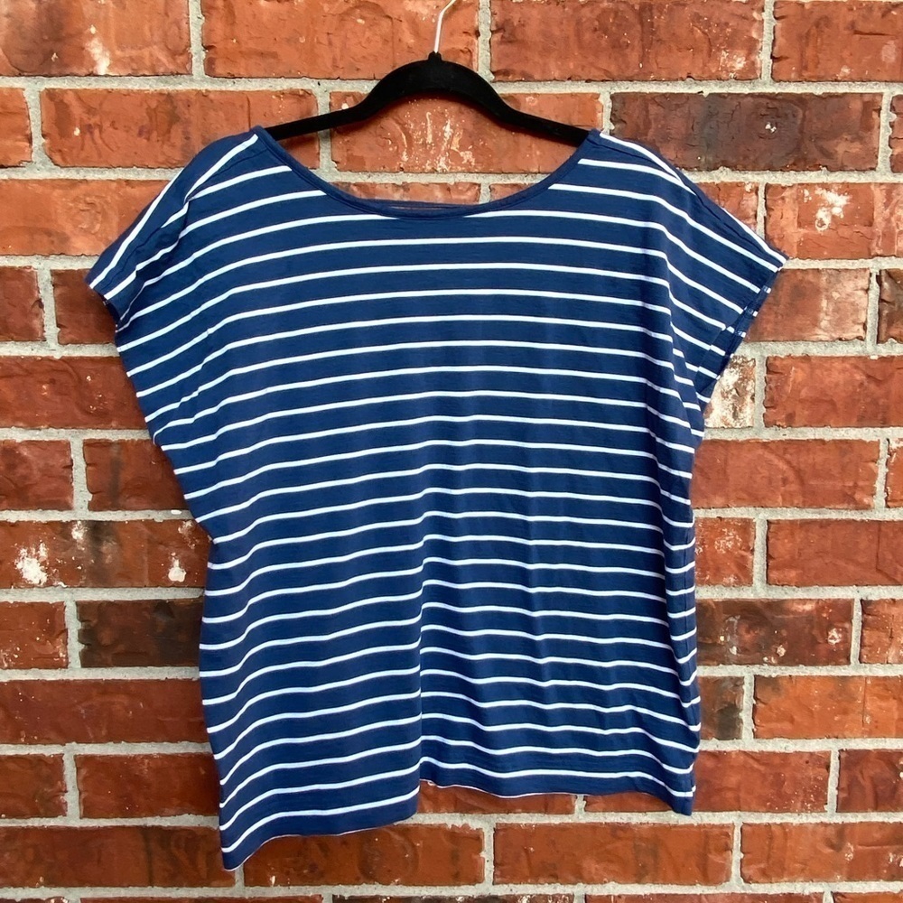 Chaps Womens 2X Keyhole Cutout Back Blue Stripe Batwing Short Sleeve Top
